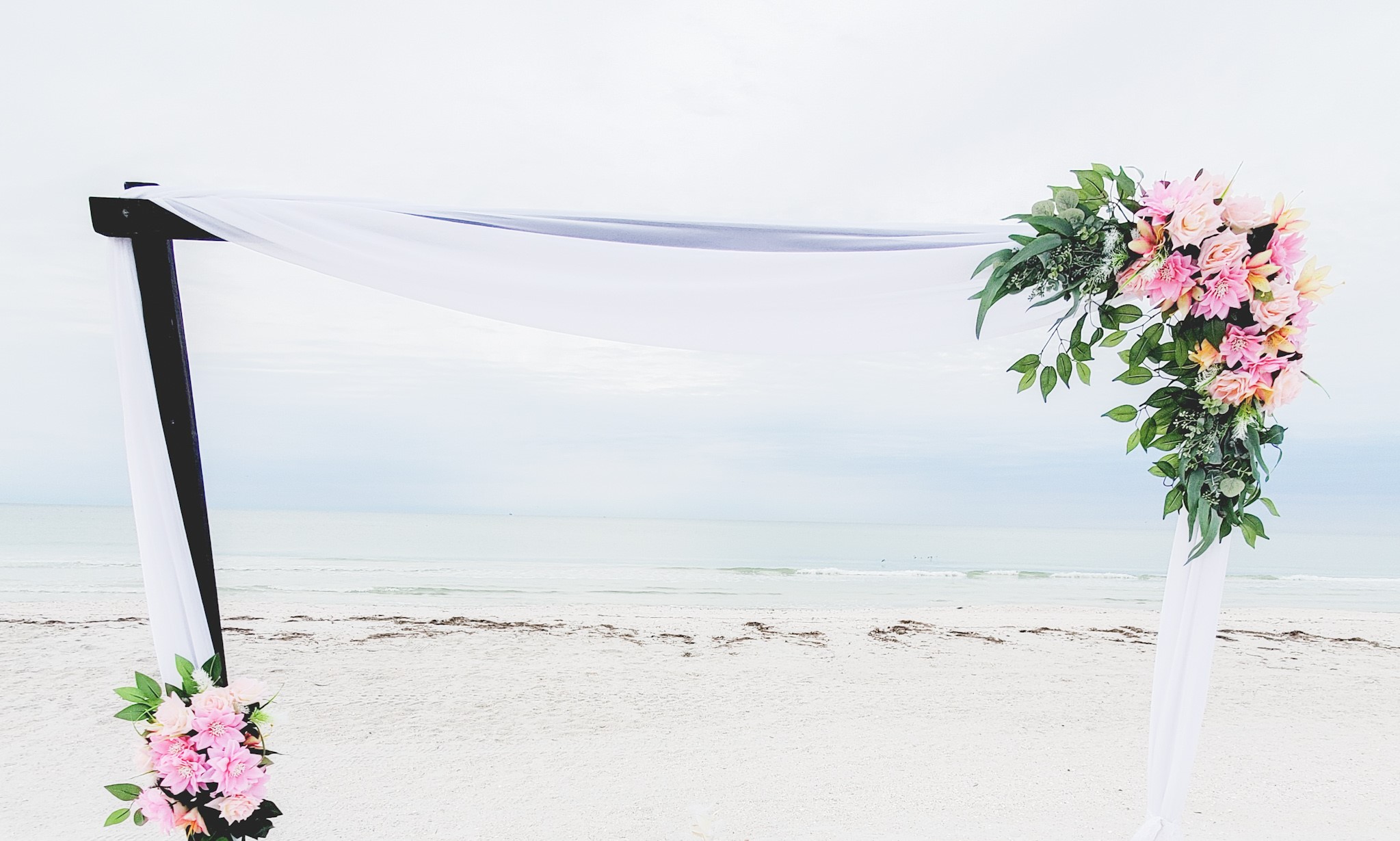 A beach with a palm tree and some clouds